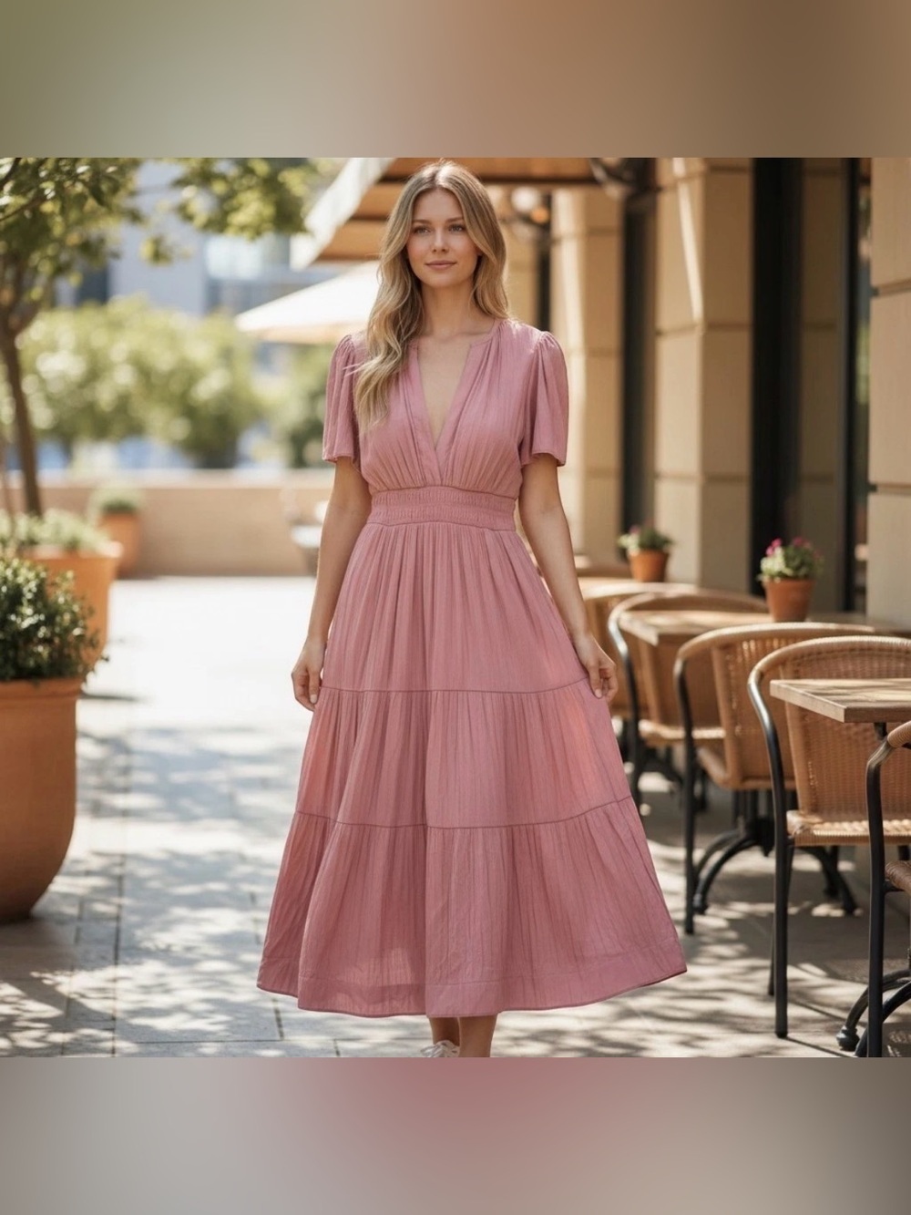 Muse Blush Pink Tiered Maxi with Smocked Waist Autumn Wedding Guest Dress